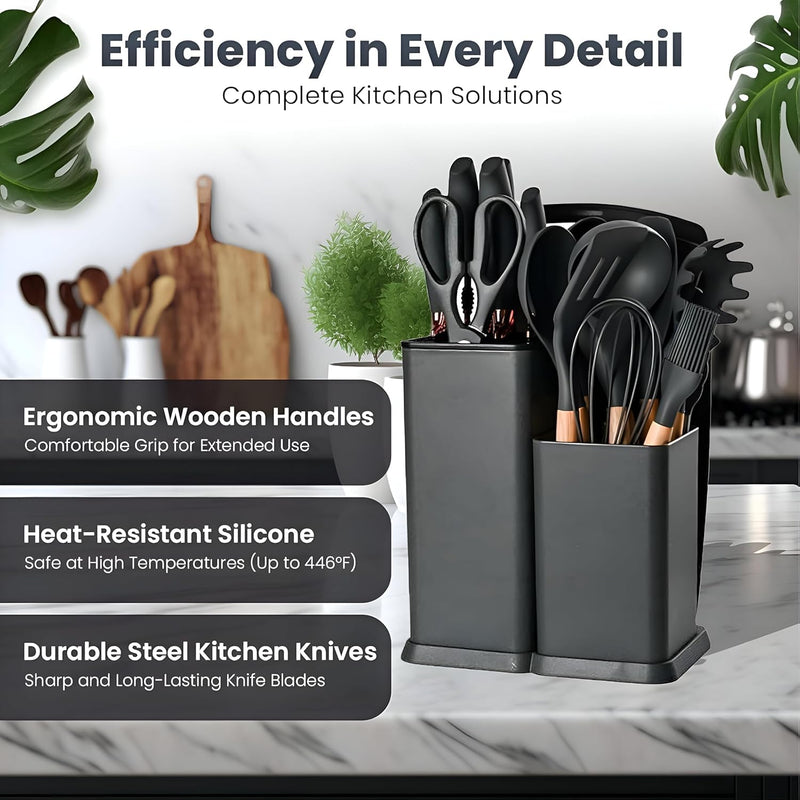 Kitchen Utensil Set - 19 Pcs Wooden Handle (Black)